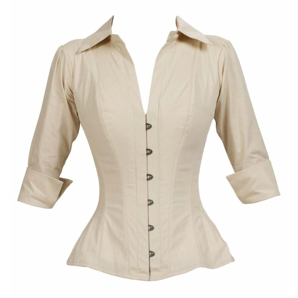 Tailored Beige Button-Front Women's Blouse - Picture 2 of 8